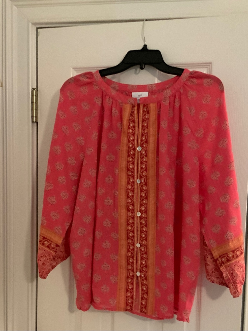 J. Jill Coral Printed Peasant Blouse with Orange Trim